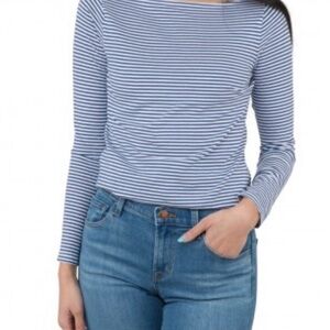 Ann Mashburn Long-Sleeve Boatneck Tee Blue Stripe Pima Cotton Shirt Womens Small
